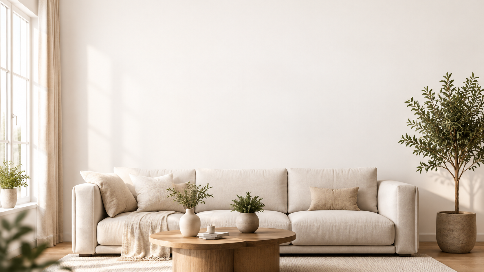 Heller Wohnraum mit Sofa und großer weißer Wand